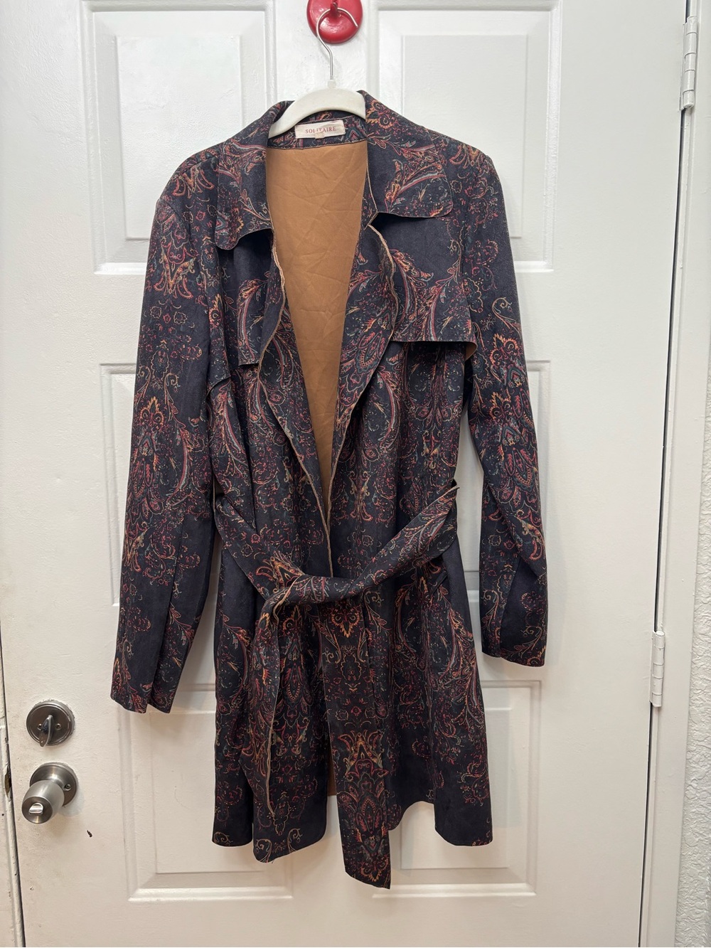 Solitaire Anthropologie Paisley Trench coat size XL Belted Suede Feel